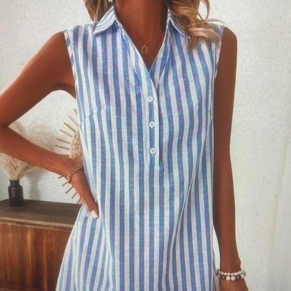 Dresses & Skirts - Sleeveless Blue and White Striped Button Henley Dress